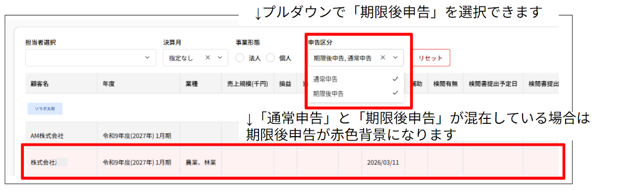 期限後申告管理機能と決算管理メニューの統合 2