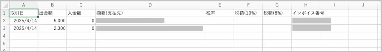 ダウンロードされたCSVファイルをExcelで開いた画面